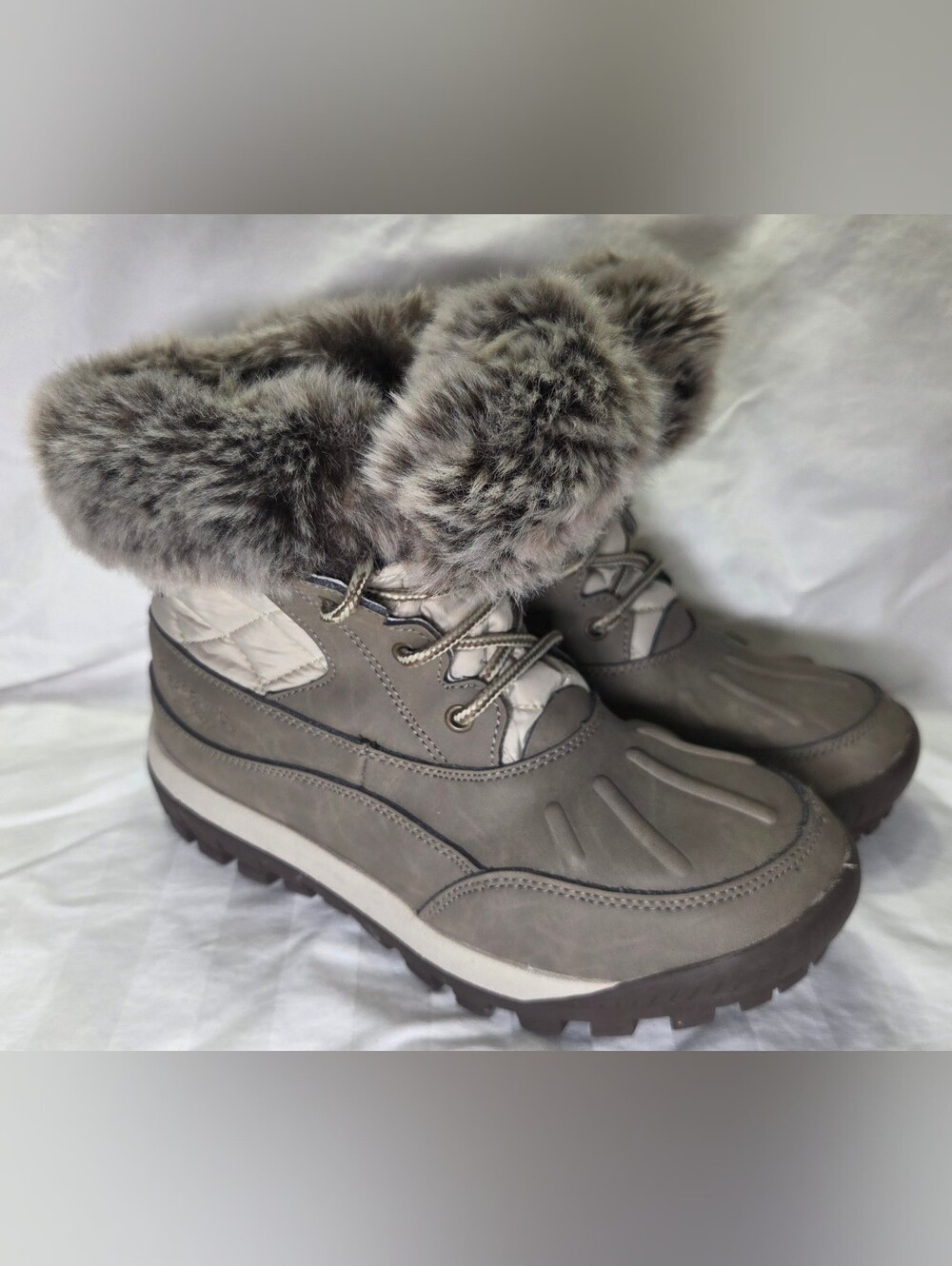 BEARPAW Becka Women’s Waterproof Snow Boots Stone Gray Fur Trim Lace Up Size 8 - Picture 4 of 11